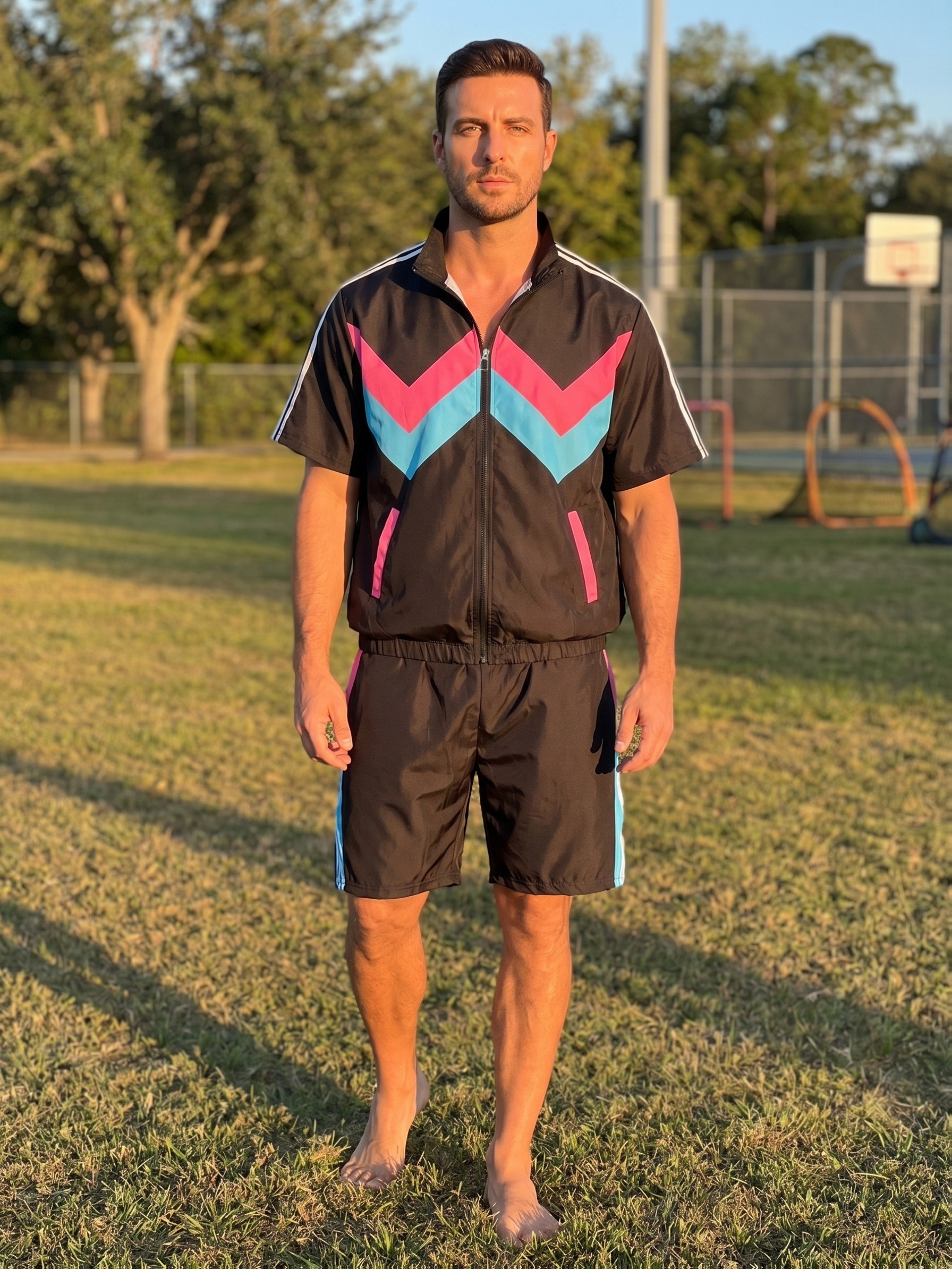 Men's 80s Workout Costume, Retro Color Block Sports Outfit
